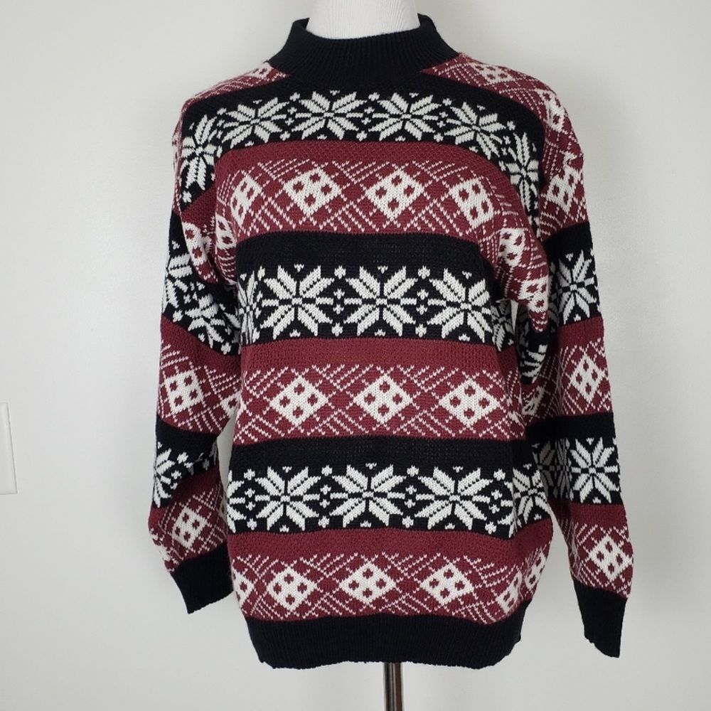 80's 90's American Pride Acrylic Mock Neck Fair Isle Snowflake Ski Sweater M/L